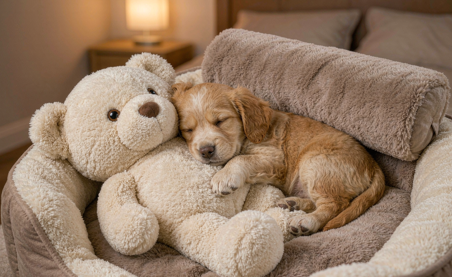 Puppy Sleep Buddy plush in a dog bed